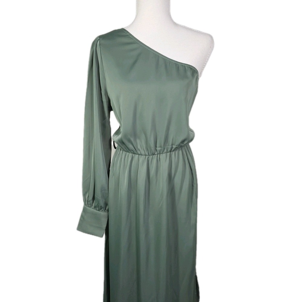 Kirundo One Shoulder Maxi Dress Sage Green Long Sleeve Slit Size L NWOT - Picture 4 of 12